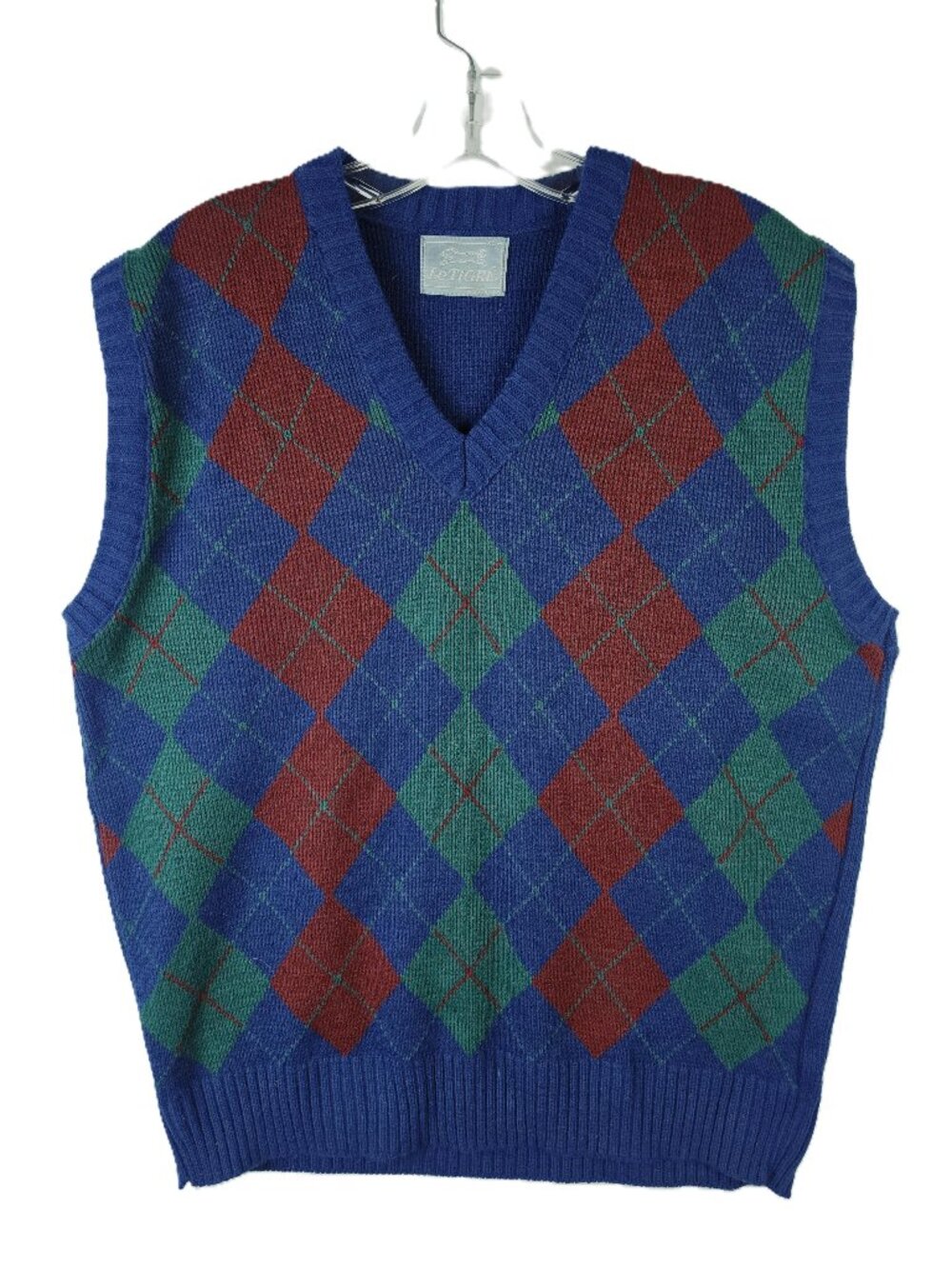 Vintage Le Tigre USA Knit Vest Argyle Virgin Orlon Acrylic size XL Retro Preppy